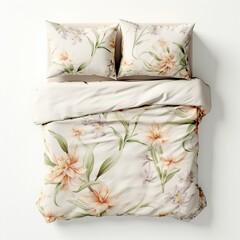 Bed with floral pillows isolated on white background. 3d render
