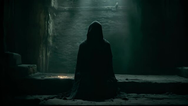 In a dark and musty crypt an otherworldly figure dd in a tattered and ancient shroud stares menacingly into the void.