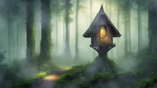 A fabulous hut in the woods with flying lights