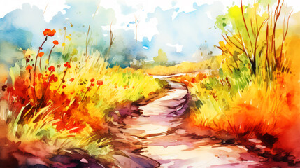 Fototapeta na wymiar Watercolor illustration of a country road through the field.