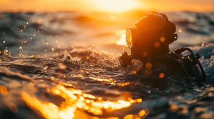 Scuba diver taking a breath before diving, serene seascape lit by sunset, shot with a wide-angle lens