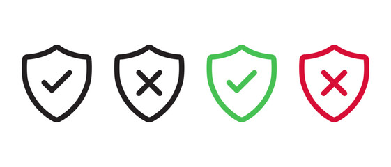 Shield with check mark and x cross icon vector in line style