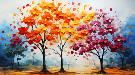 Colorful autumn trees with heart-shaped leaves in the background of the city.