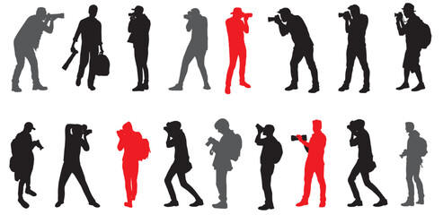 silhouettes of photographer with camera in different positions. Standing, kneeling and sitting at photography. Isolated on white background, vector