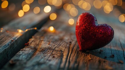 Fototapeta premium a red heart on a wooden table with bokeh lights in the background - romance/love concept banner