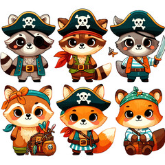 Little pirates animals cartoon character. Raccoon, fox, bear illustrations for kids