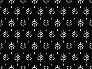 Fototapeta premium MONOCHROME SPRIG FLORAL AJRAKH PATTERN AND BLOCK PRINT PATTERN BATIK PRINT BACKGROUND DIGITAL PRINTING SEAMLESS PATTERN VECTOR ILLUSTRATION
