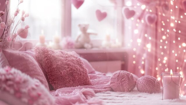 Beautiful romantic Valentine's Day bedrrom interior  background animation, dreamy mood with lovely hearts and morning lights, 4k loop