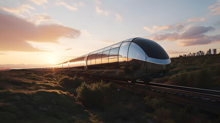Fototapeta na wymiar a high-speed, solar-powered train seamlessly gliding through a scenic, futuristic landscape. designed with sleek, aerodynamic lines and a reflective surface.