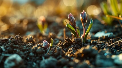 Rebirth of nature during Spring Equinox, plants emerging from the soil, buds opening close up. - obrazy, fototapety, plakaty