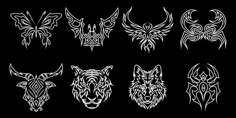 Neo tribal shapes. Gothic sharp elements, modern elements for tattoo, poster, cover, typography, abstract symmetrical design, various decorative elements. Vector set