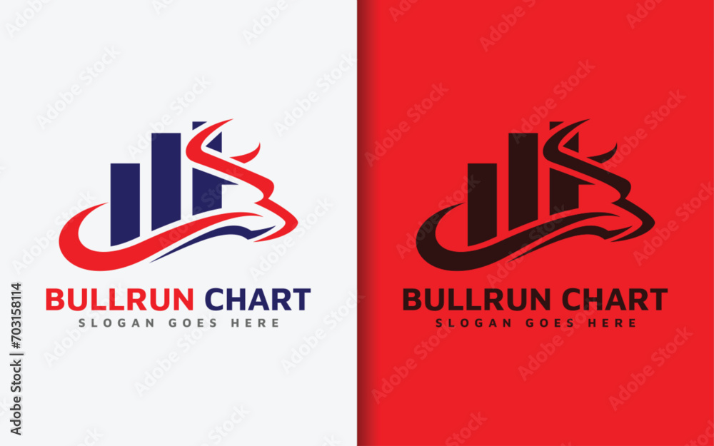 Poster Bullrun Chart Logo Design. Abstract Minimalist Red Bull Shape Combined with Chart Statistics Design Concept. Vector Logo Illustration.