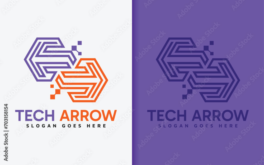 Poster Tech Arrow Logo Design. Abstract Minimalist Two Arrow with Tech Element Design Concept.