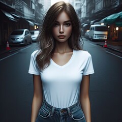 Girl with white shirt pose on the street