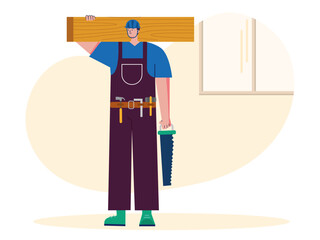 Workers carrying wood and saws. Woodwork illustrations.