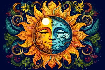 Big circle, half side as sun face and the other half as moon face, sun and moon artwork print wall art abstract canvas wall art, in the style of psychedelic patterns, surrealistic portrait - obrazy, fototapety, plakaty