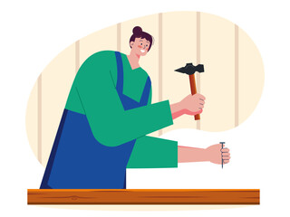 Worker handyman with hammer and nail. Woodwork illustrations.