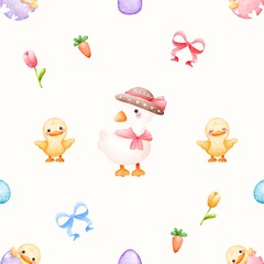 Cute Easter duck family seamless pattern 
