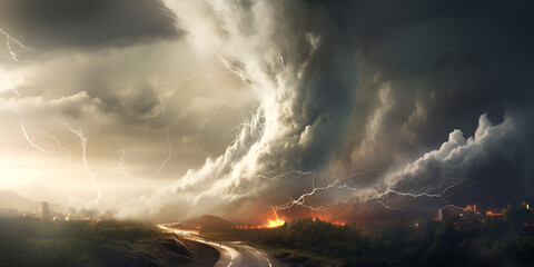 Nature's Fury a Stormy Landscape,  Massive Tornado rages through a field.  - obrazy, fototapety, plakaty