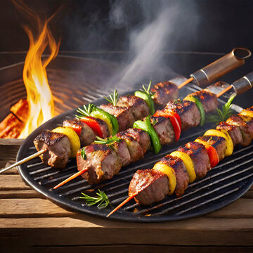 Meat skewered kebabs grilled. Generative AI