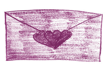 Pencil drawing dark purple heart letter card isolated on transparent background.