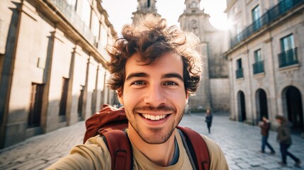 Smiling Young Man Traveling Alone. Travel Concept. Generative AI