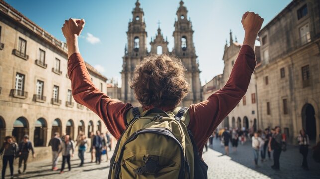 Rear View of a Young Backpacker Celebrating His Arrival in Santiago de Compostela, After Doing the Camino. Concept of Traveling Alone. Generative AI.