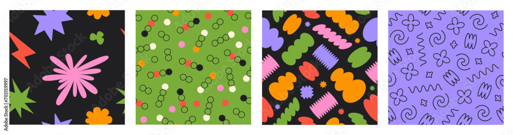 Poster Vector set of Abstract seamless patterns with colorful playful cartoon shapes and lines. Trendy random shapes. Bright funky groovy print