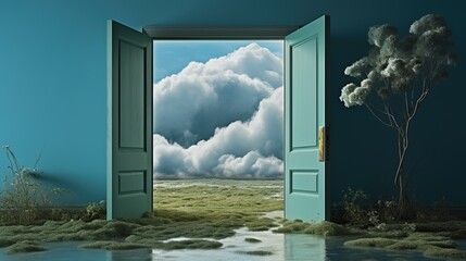Surreal landscape with a door to another world