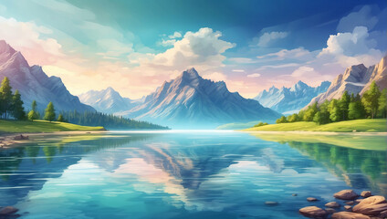 Mountain lake landscape illustration with reflection - obrazy, fototapety, plakaty