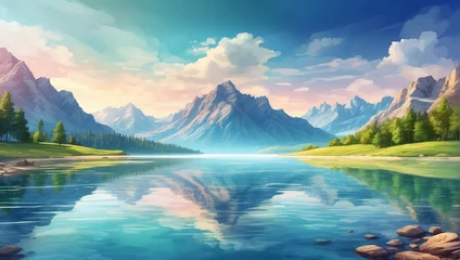 Fotobehang Mountain lake landscape illustration with reflection © merry