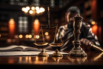 Lady Justice watches over the courtroom as the judge gavels in the case - obrazy, fototapety, plakaty