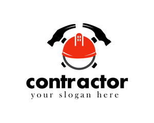 contractor logo design template red helmet crossed with hammer