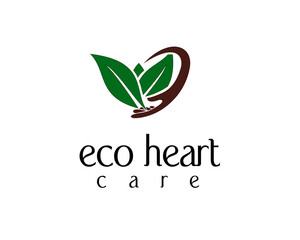 eco heart care logo design template 3 leaves forming a love with hands forming a half love