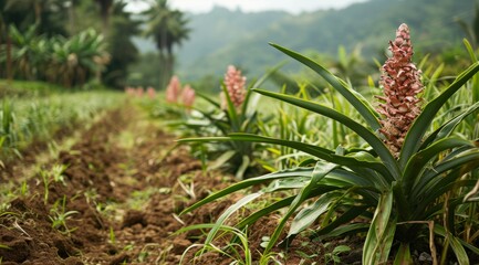 Vibrant red ginger plants flourish in a sun-drenched tropical field.