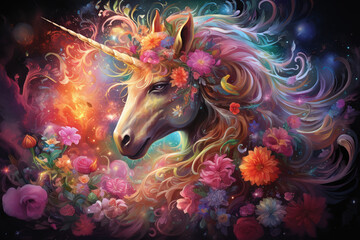 Galactic Unicorn Enveloped in a Swirl of Cosmic Florals and Stardust, a Vision of Fantasy and Wonder