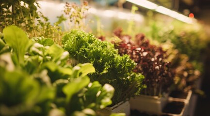 Fototapeta na wymiar Sunlit hydroponic planters brimming with lush salad greens.