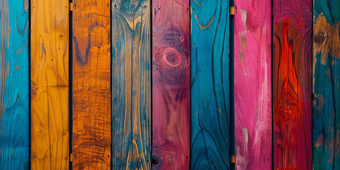 Colorful wooden wide banner background with vertical wooden slat of different bright colors and copy space