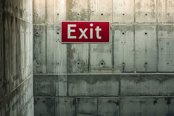 Exit concept image with Exit red sign with written exit word on a grey concrete wall