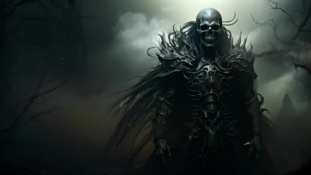 A skeletal figure in ancient armor surrounded by an eerie mist standing guard against the hidden forces of sinister magic.
