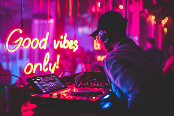 Good vibes only concept image with glowing written words good vibes only in a nightclub with a DJ to show a positive ambiance and attitude