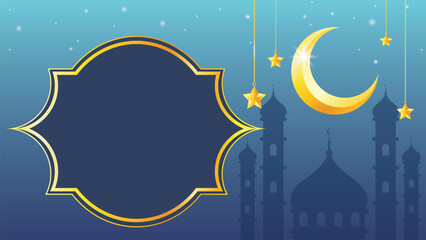 Obraz na płótnie Canvas Vector Ramdan and Religion concept decorative banner template. Evening sunset sky with moon and stars. Silhouette mosque in the background. Ramadan Kareem and Eid Mubarak Celebration Card Template.