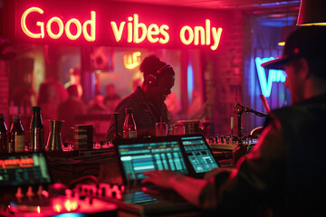Good vibes only concept image with glowing written words good vibes only in a nightclub with a DJ to show a positive ambiance and attitude