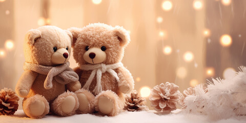 Teddy bears couple in love sitting on the white snow in the winter. Christmas decoration background