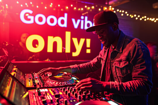 Good vibes only concept image with glowing written words good vibes only in a nightclub with a DJ to show a positive ambiance and attitude
