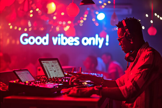 Good vibes only concept image with glowing written words good vibes only in a nightclub with a DJ to show a positive ambiance and attitude