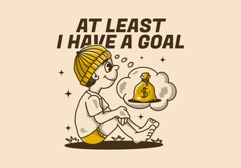at least I have a goal. Retro character illustration of a beanie boy sitting and daydreaming
