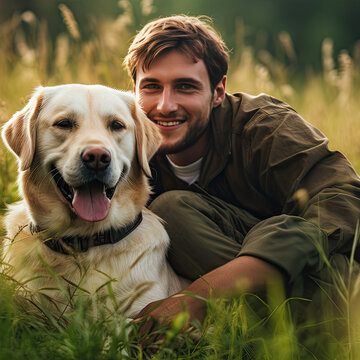 Cropped image of handsome young man with labrador outdoors. Man on a green grass with dog. Cynologist