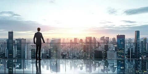 Visionary businessman success in modern cityscape. Skyline strategist. Successful contemplating ideas against urban backdrop. Executive reflections. Business leader into future city skyscrapers - obrazy, fototapety, plakaty