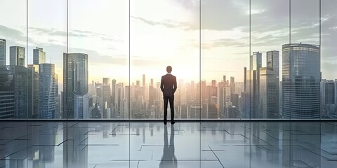 Visionary businessman success in modern cityscape. Skyline strategist. Successful contemplating ideas against urban backdrop. Executive reflections. Business leader into future city skyscrapers